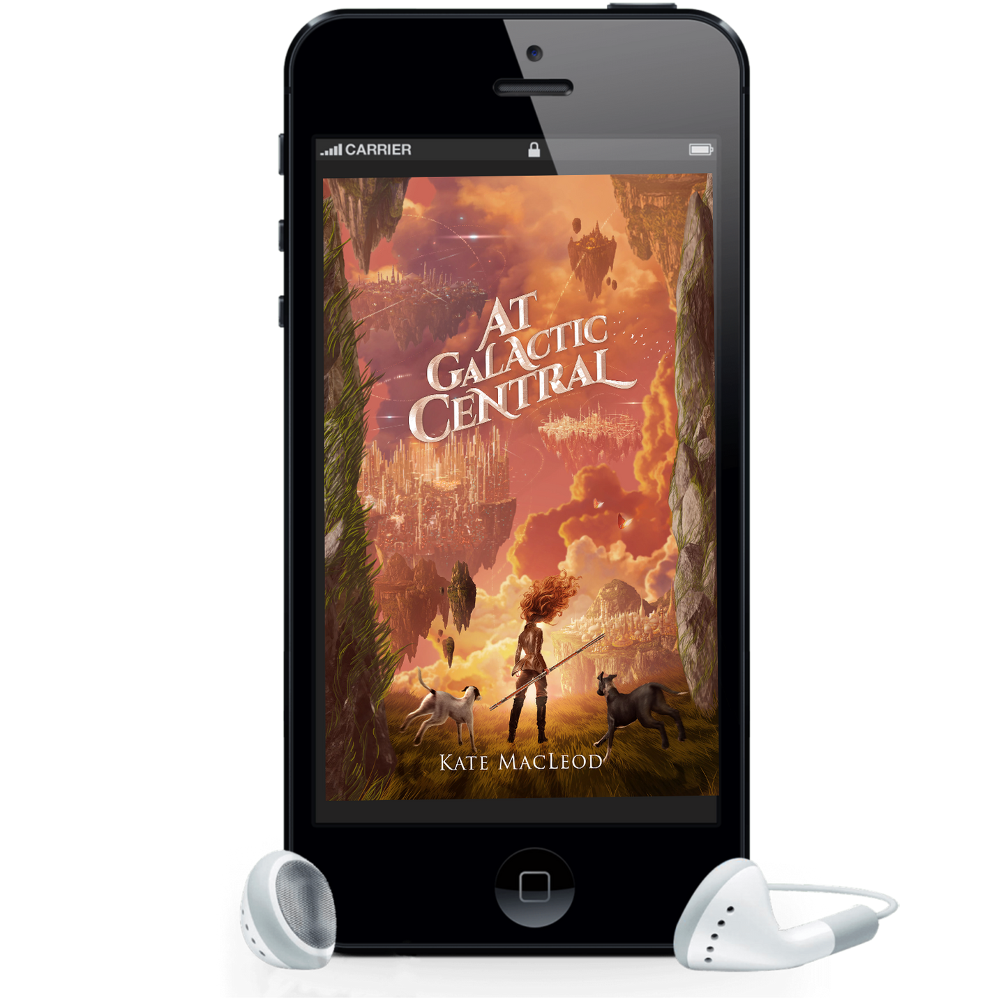 Image is of the cover of an audiobook on a cellphone screen. The book is called At Galactic Central, and the cover shows a young girl looking out over a city of futuristic buildings built on floating islands. She is holding a glider and stands between two dogs.