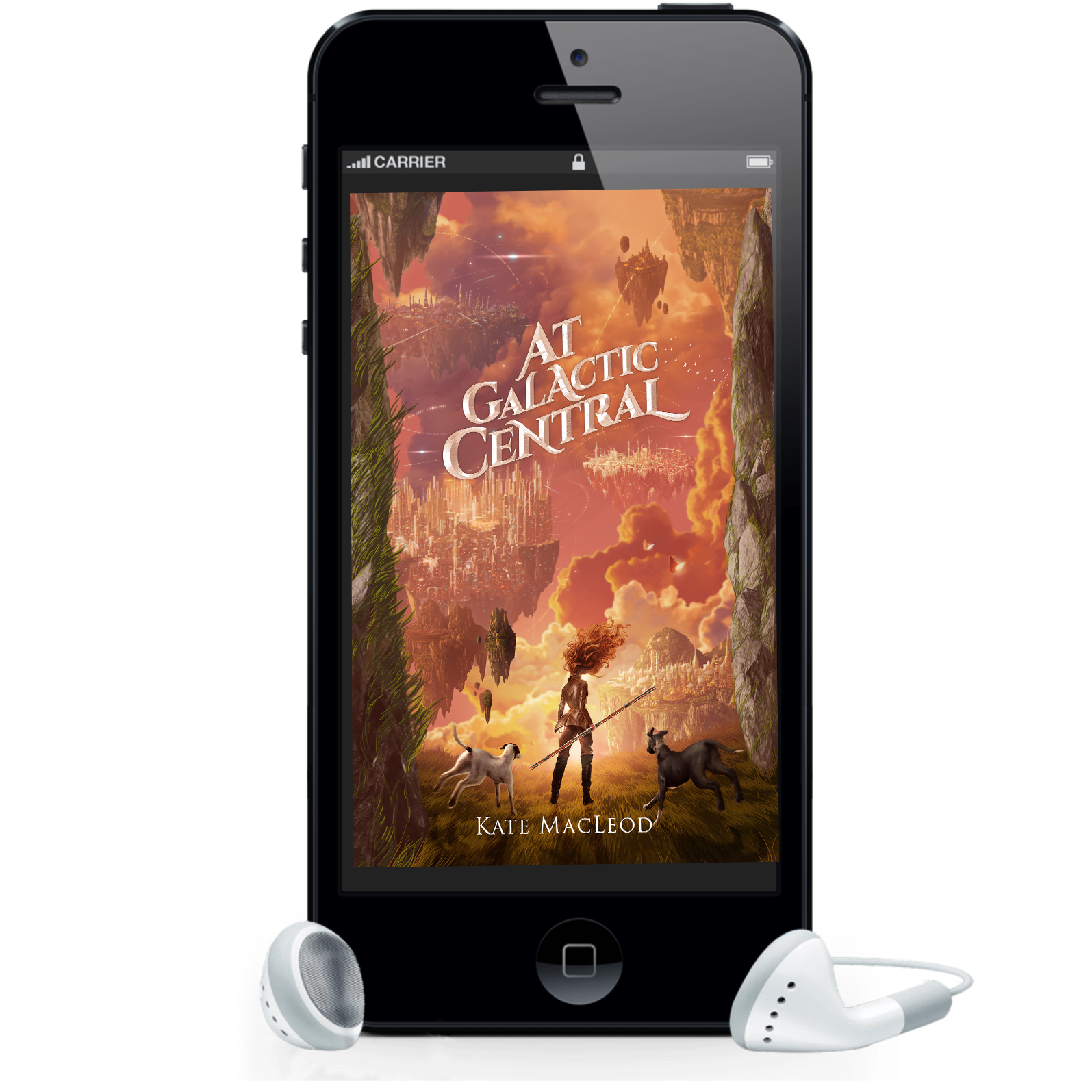 Image is of the cover of an audiobook on a cellphone screen. The book is called At Galactic Central, and the cover shows a young girl looking out over a city of futuristic buildings built on floating islands. She is holding a glider and stands between two dogs.