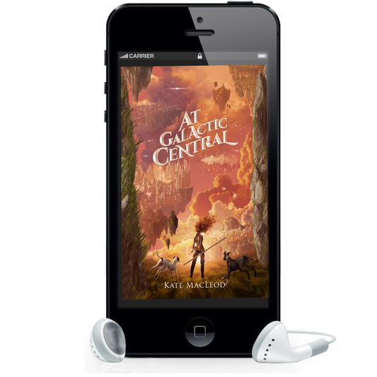 Image is of the cover of an audiobook on a cellphone screen. The book is called At Galactic Central, and the cover shows a young girl looking out over a city of futuristic buildings built on floating islands. She is holding a glider and stands between two dogs.