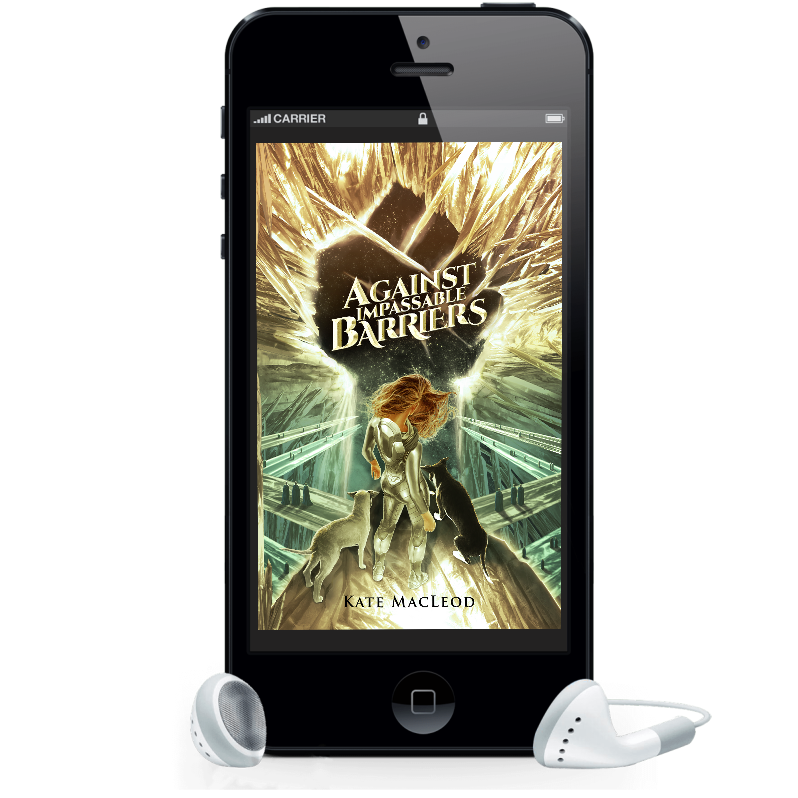 Image is of a book cover for an audiobook on a cellphone screen. The book is titled Against Impassable Barriers and shows a girl in a spacesuit looking down through a crystal starship with two dogs at her sides.