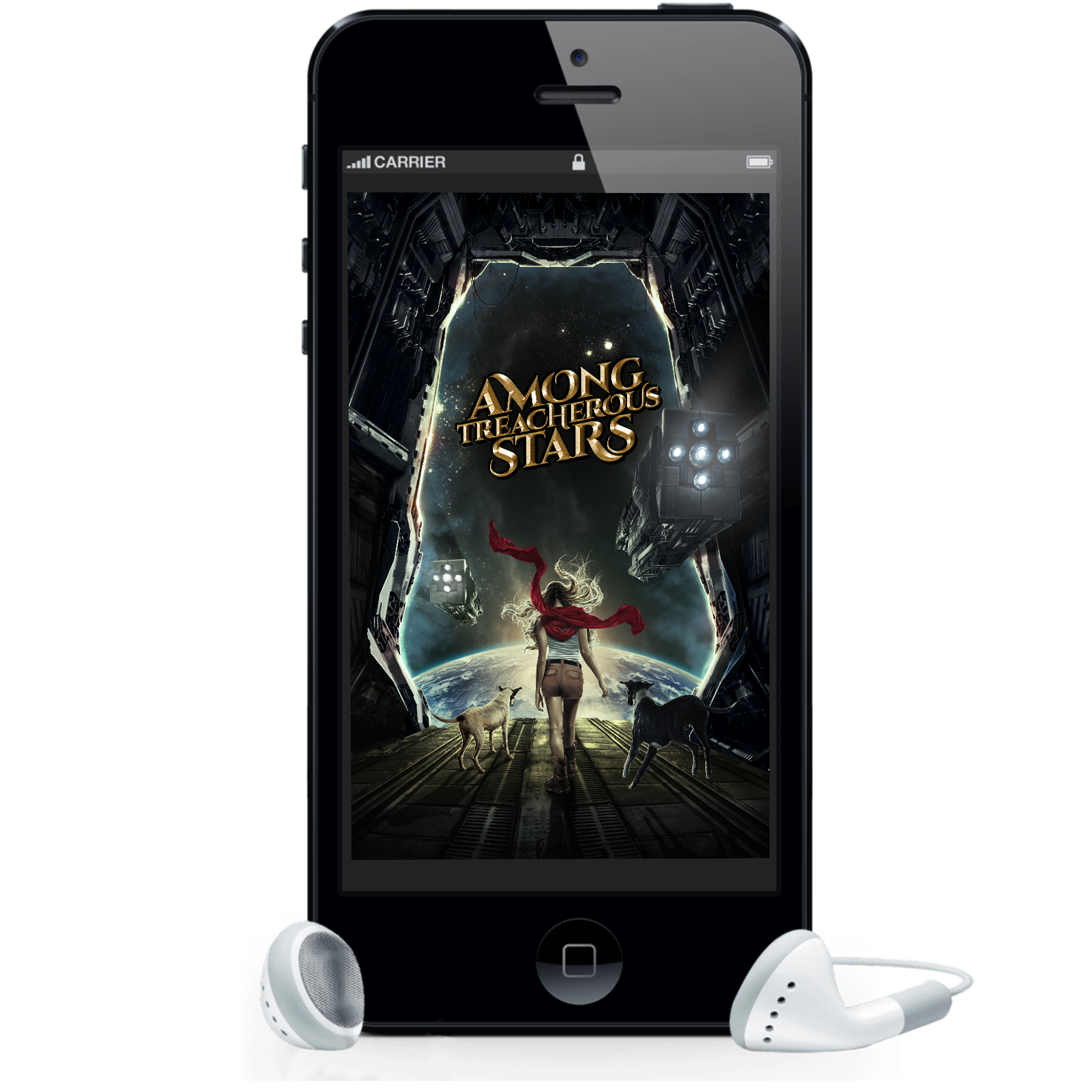 Image is of an audiobook cover being displayed on a phone with headphones around it. The cover shows a teenaged girl in a spaceship with two dogs walking to the end of the hangar space to look down at the planet below. Her red scarf blows dramatically behind her as she walks.