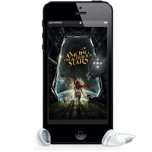 Image is of an audiobook cover being displayed on a phone with headphones around it. The cover shows a teenaged girl in a spaceship with two dogs walking to the end of the hangar space to look down at the planet below. Her red scarf blows dramatically behind her as she walks.