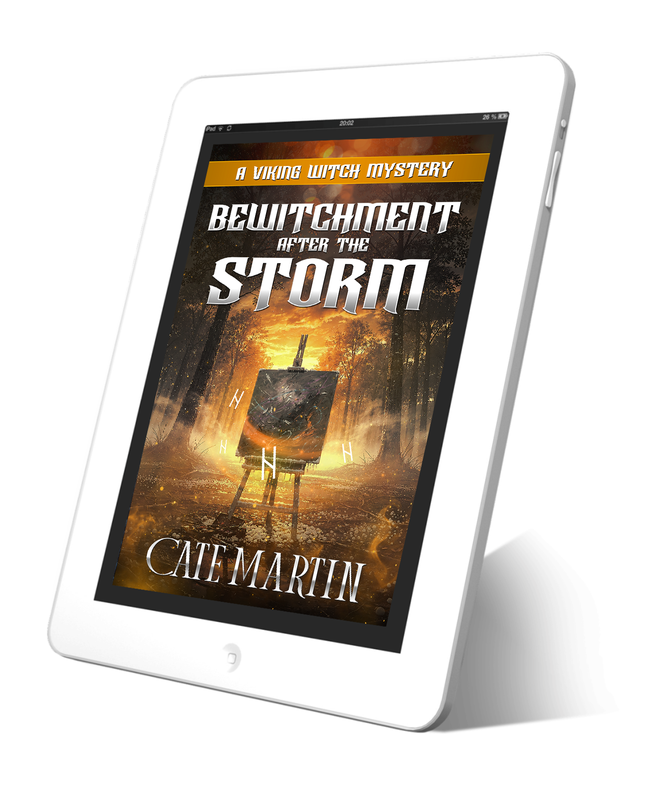 E-reader displaying the book cover of 'Bewitchment After the Storm' by Cate Martin on a white background