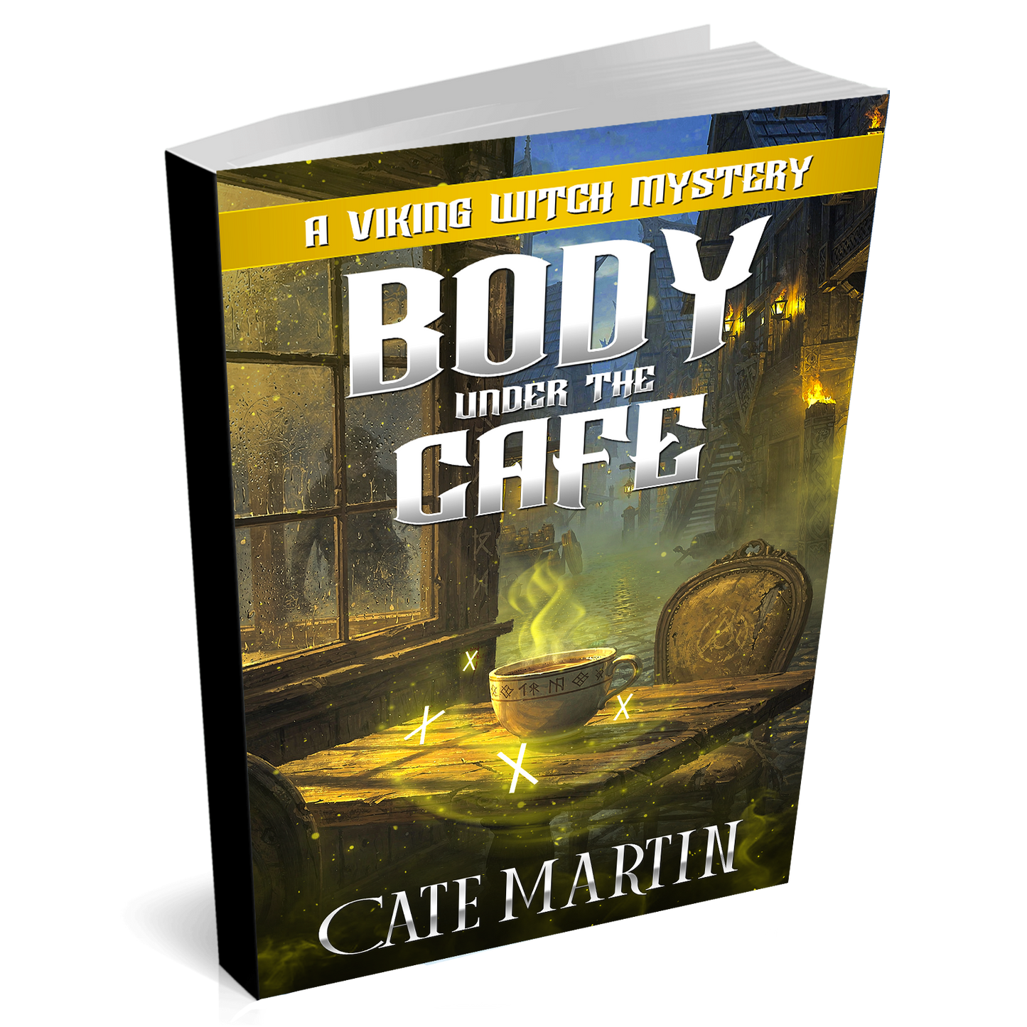 Book cover of 'Body Under the Cafe' by Cate Martin with a Viking theme.