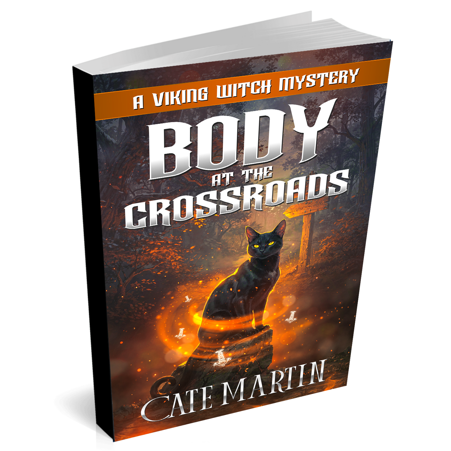 Book titled 'Body at the Crossroads' by Cate Martin with a black cat on the cover.