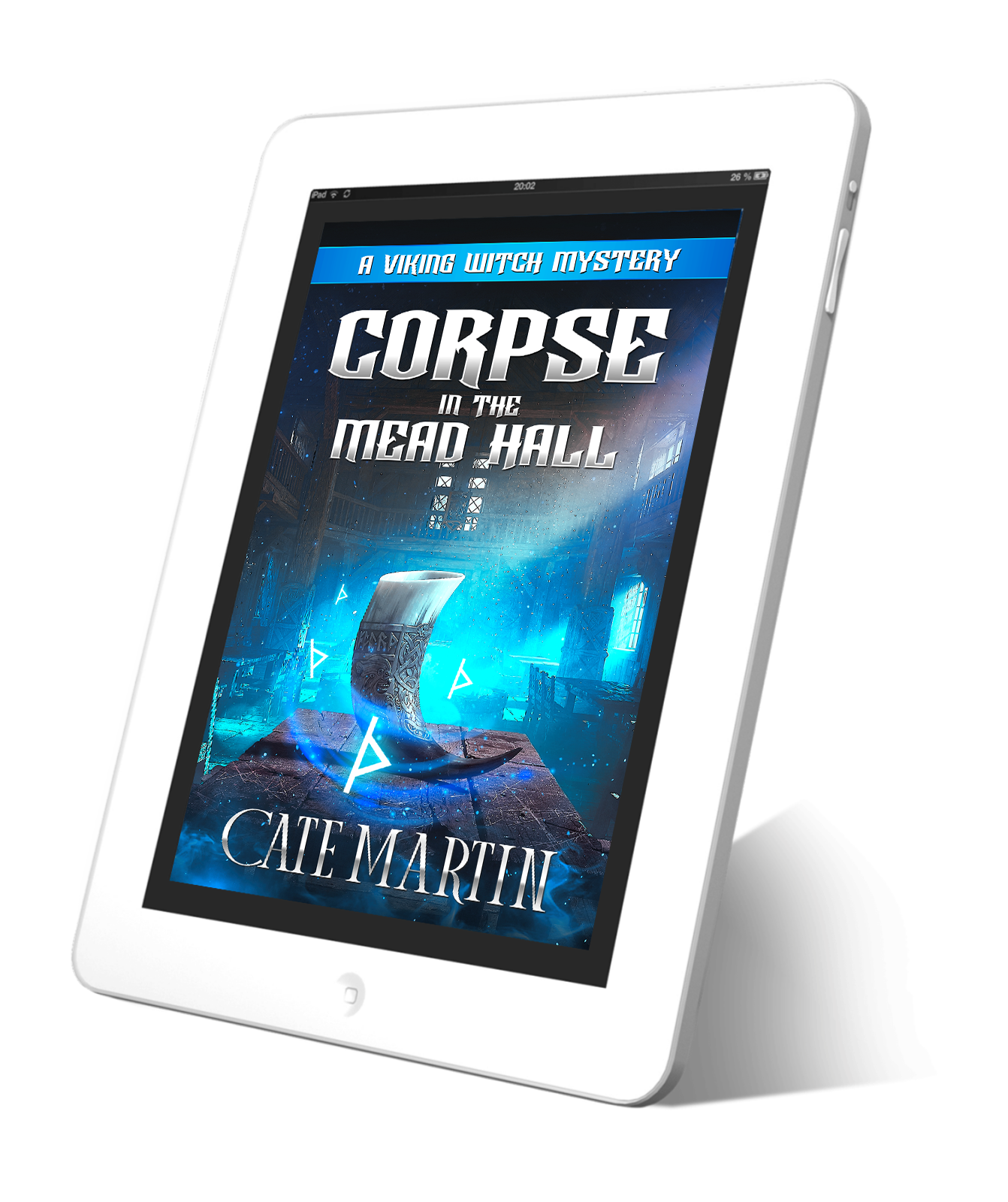 Tablet displaying a book cover titled 'Corpses in the Mead Hall' by Cate Martin on a white background