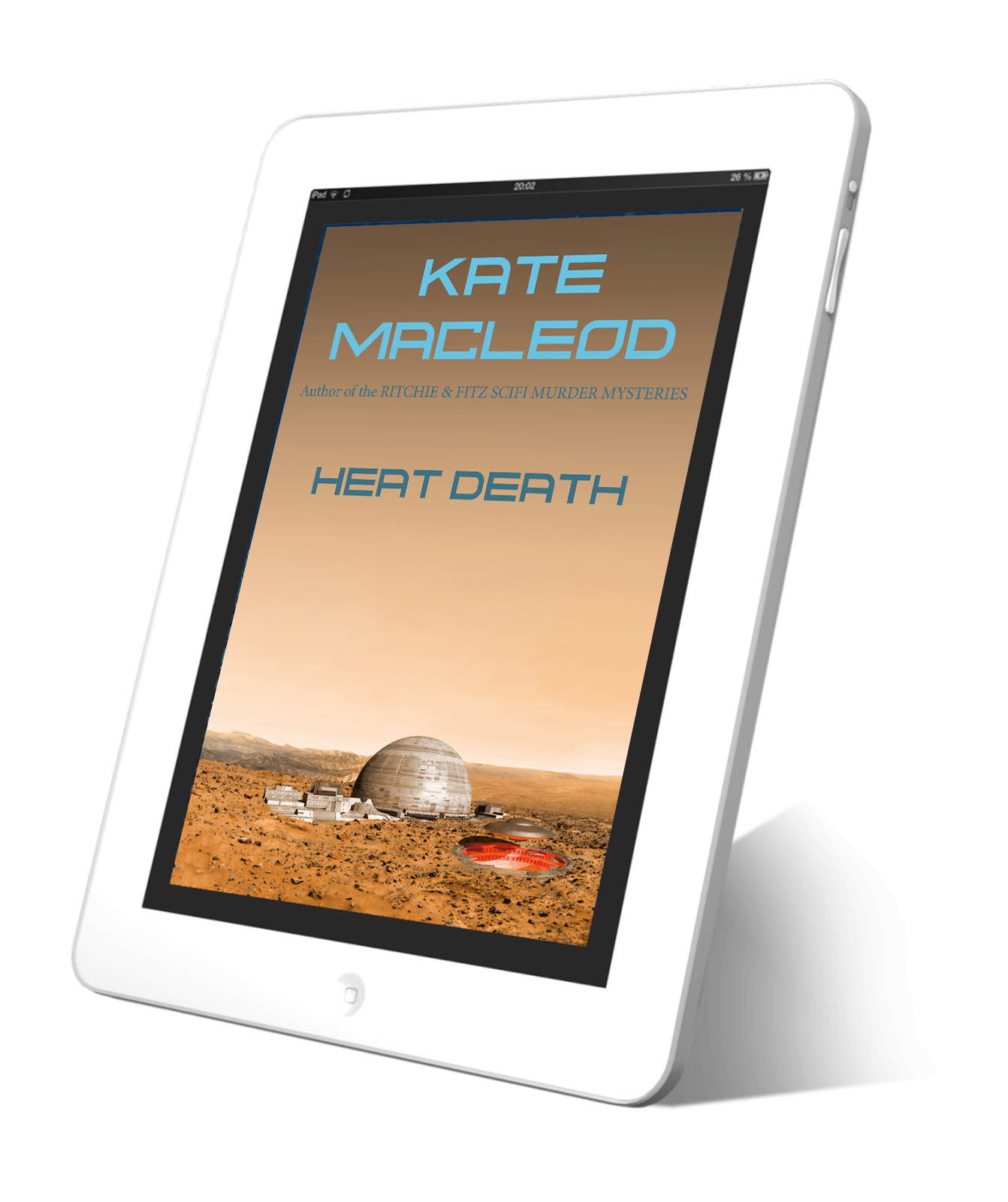 image is of an ebook cover titled "heat death" and shows a science fiction dome on a desert landscape.