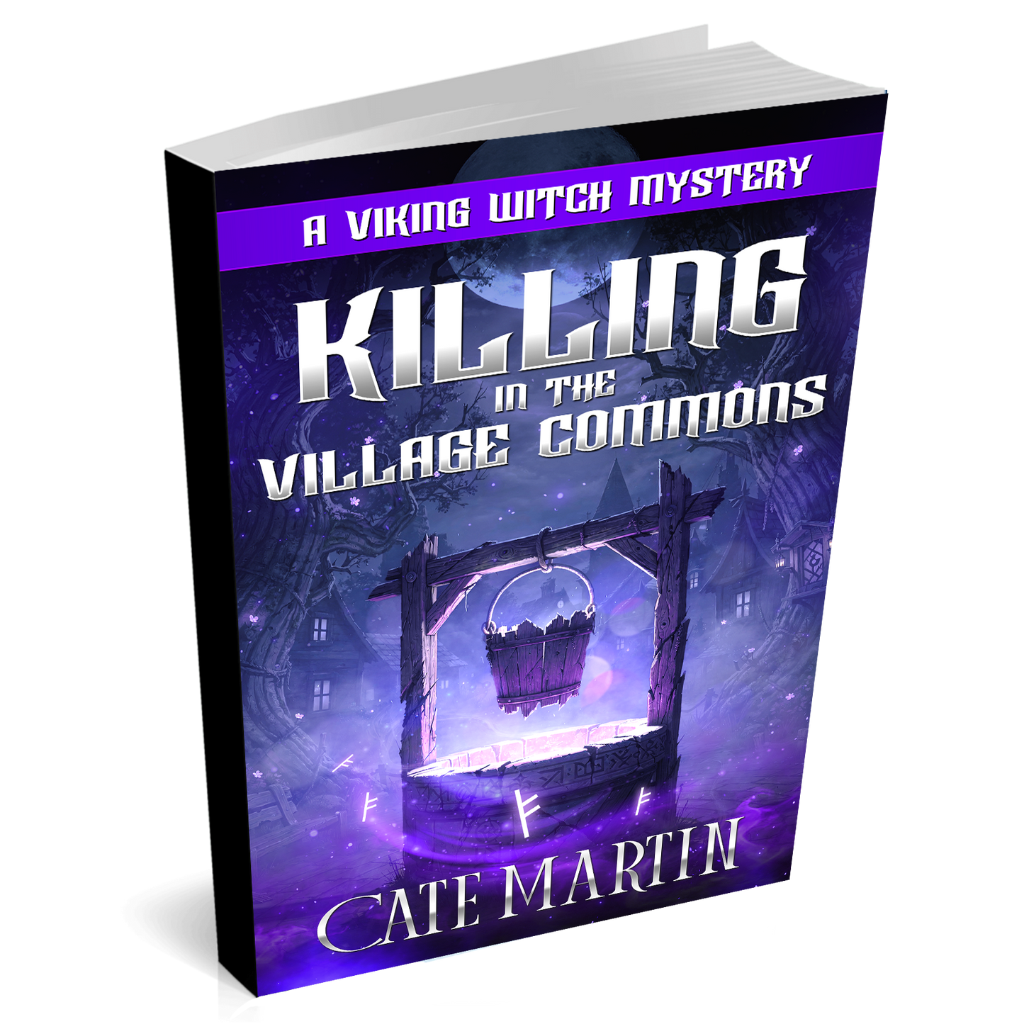 Book titled 'Killing in the Village Commons' by Cate Martin on a white background