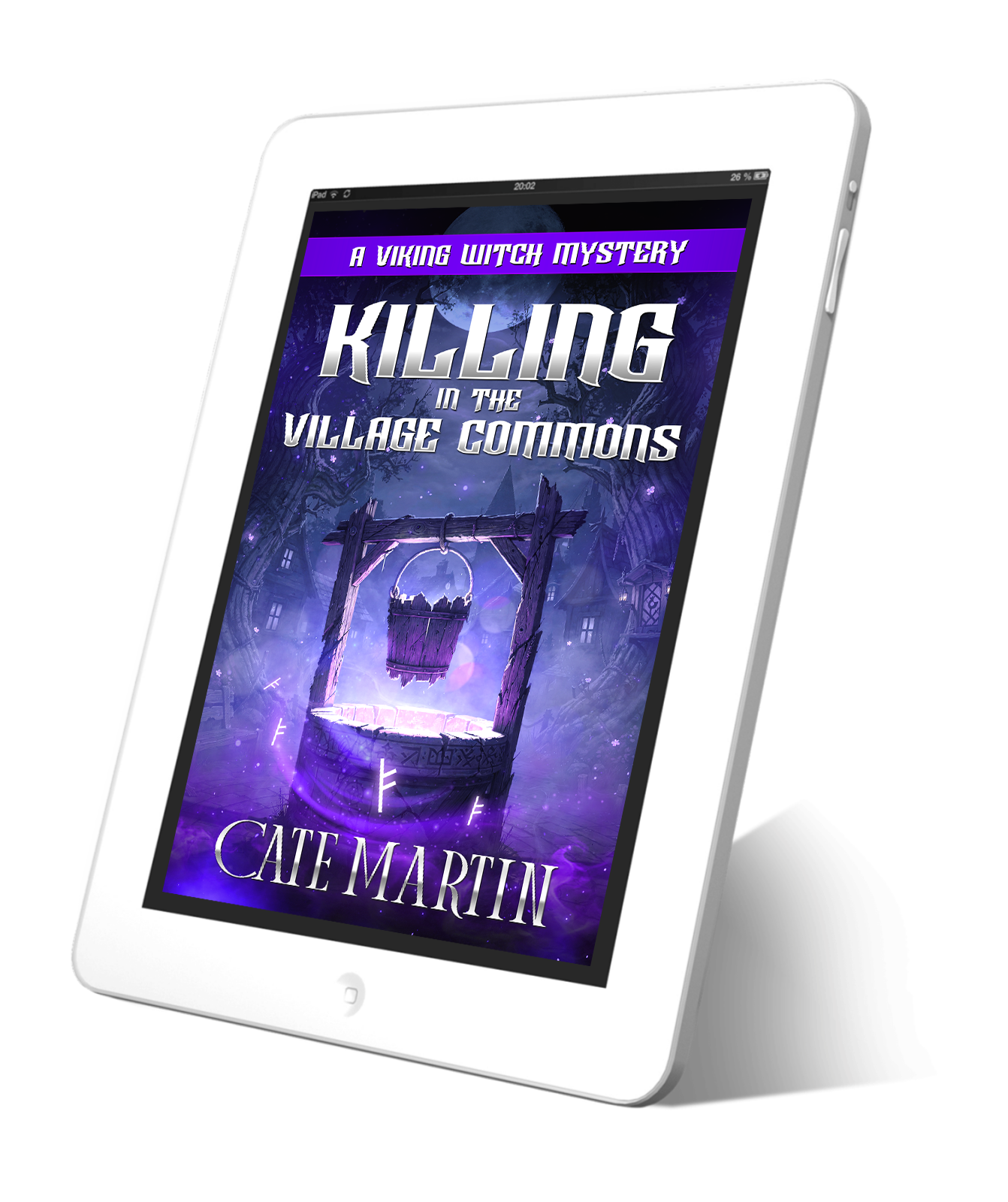 Tablet displaying the book cover of 'Killing in the Village Commons' by Cate Martin on a white background
