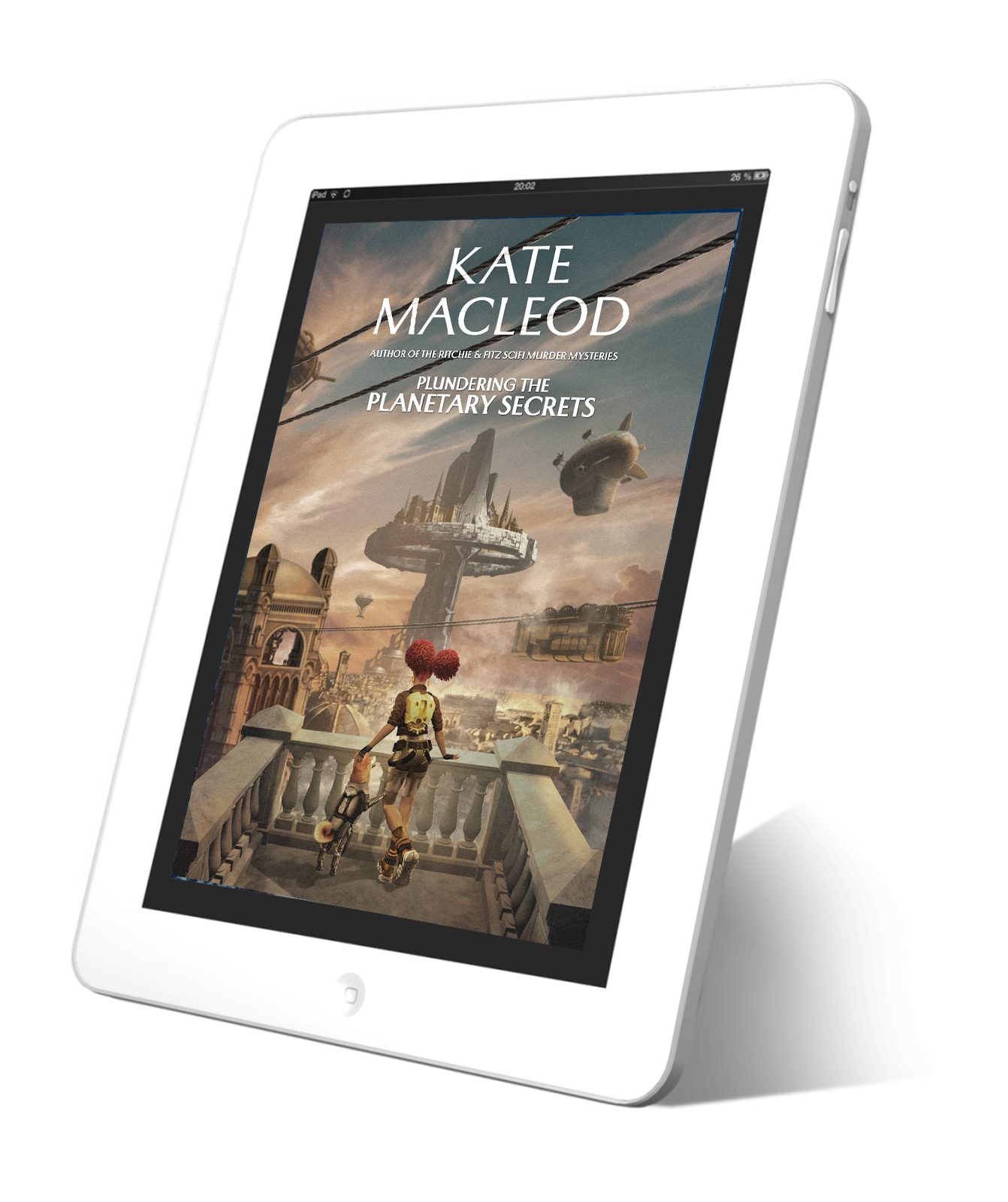 Cover for the YA sci-fi novel Plundering the Planetary Secrets. A girl with red hair in fun buns is looking out over a steampunk city. Her robot dog is standing beside her.