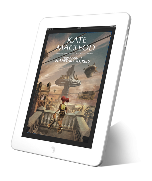 Cover for the YA sci-fi novel Plundering the Planetary Secrets. A girl with red hair in fun buns is looking out over a steampunk city. Her robot dog is standing beside her.