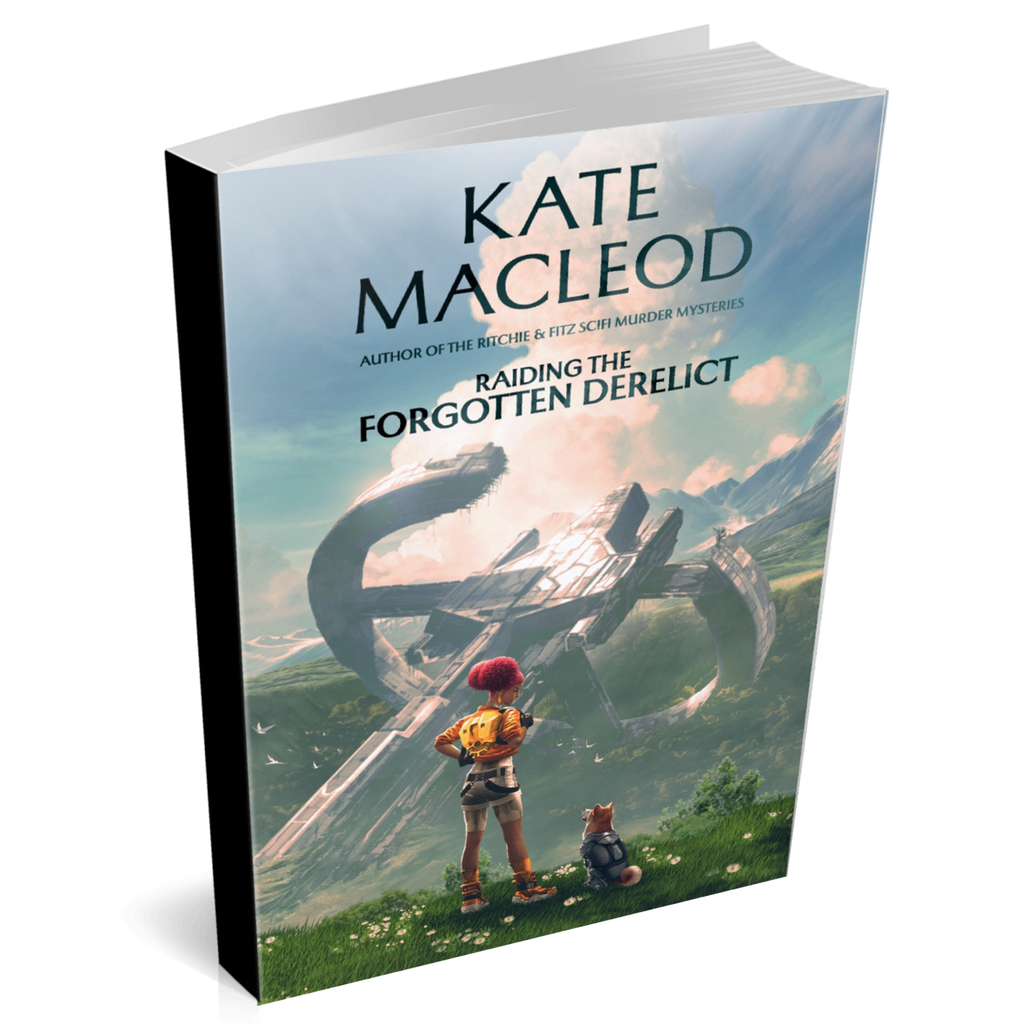 Image of the cover of the paperback book Raiding the Forgotten Derelict. A girl and her robot dog are looking down into a jungle-filled crater at a crashed starship. She has a backpack and is ready for adventure.