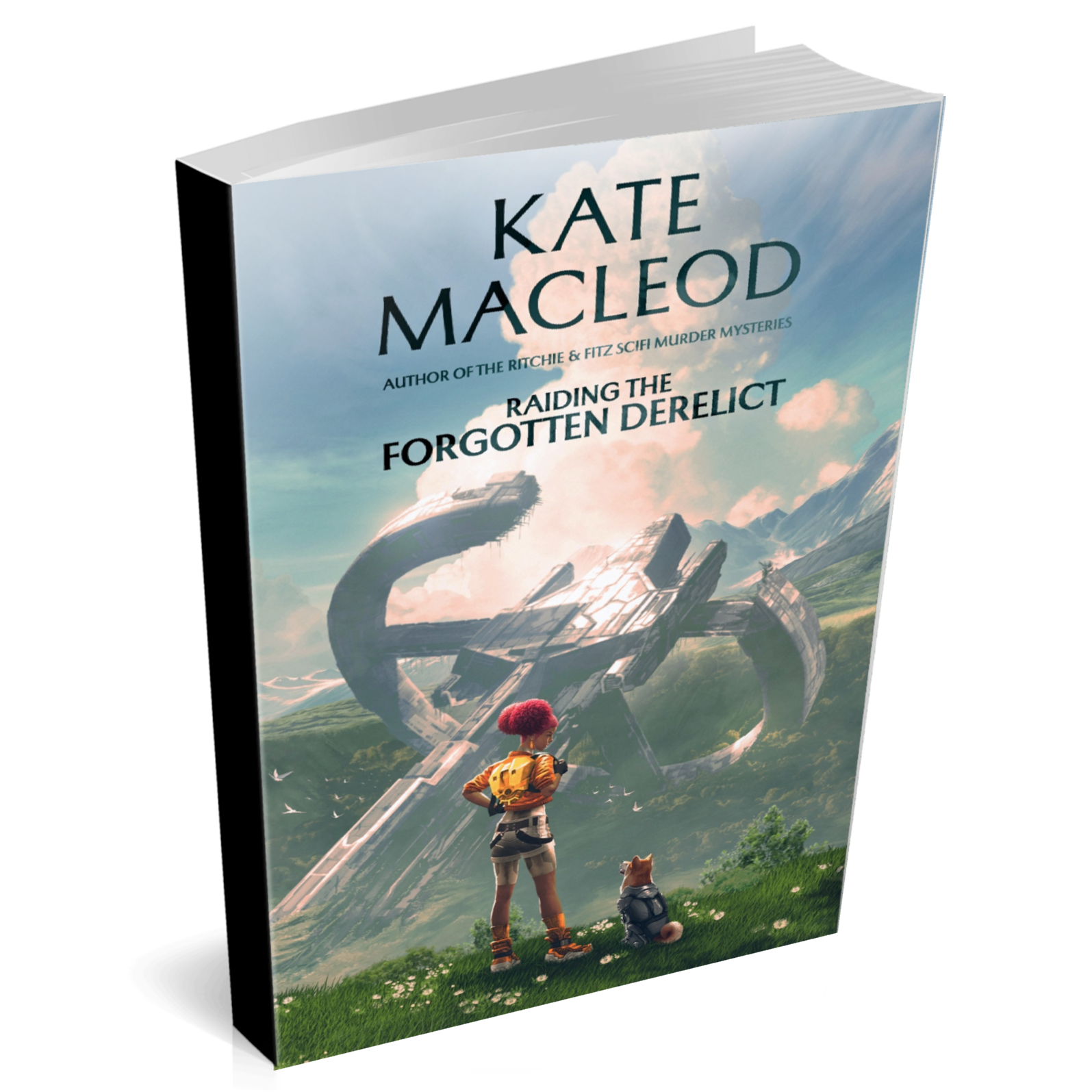 Image of the cover of the paperback book Raiding the Forgotten Derelict. A girl and her robot dog are looking down into a jungle-filled crater at a crashed starship. She has a backpack and is ready for adventure.