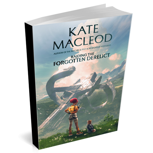 Image of the cover of the paperback book Raiding the Forgotten Derelict. A girl and her robot dog are looking down into a jungle-filled crater at a crashed starship. She has a backpack and is ready for adventure.