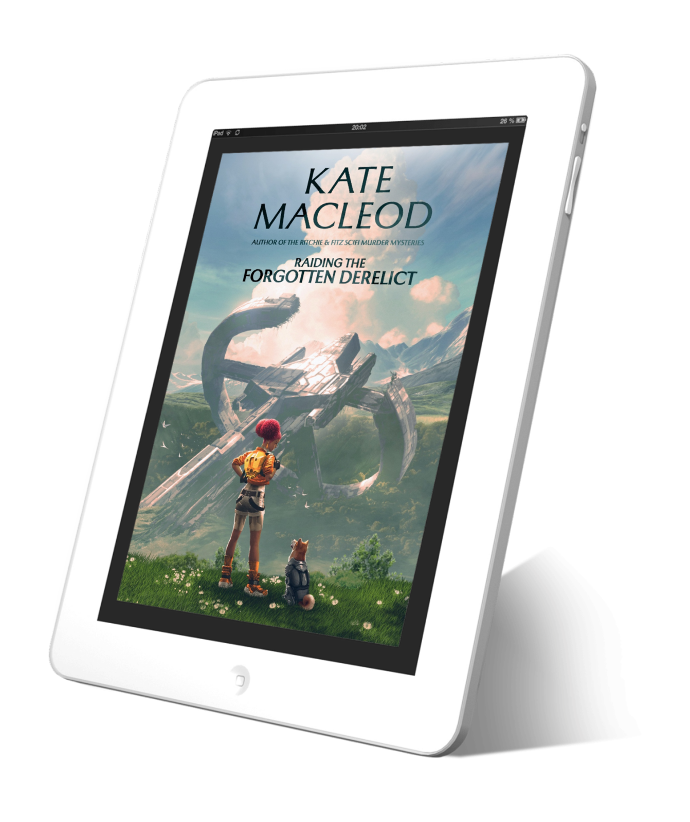 Book cover for the teen sci-fi novel titled "Raiding the Forgotten Derelict". A teenaged girl and her robotic dog are looking at a crashed spaceship in a jungle-filled crater.