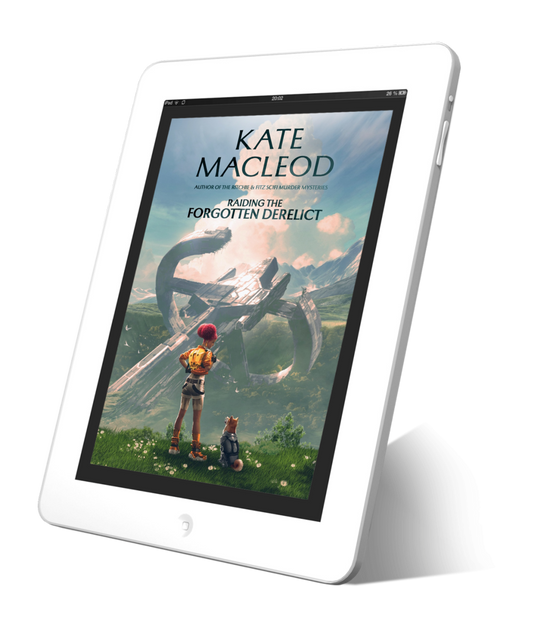 Book cover for the teen sci-fi novel titled "Raiding the Forgotten Derelict". A teenaged girl and her robotic dog are looking at a crashed spaceship in a jungle-filled crater.