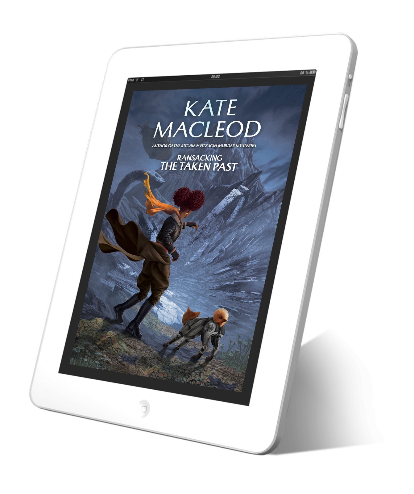 Image is of a book cover displayed on a tablet screen. The cover shows a girl and a dog on a mountainside looking down at the wreck of a spaceship. An airship is flying away overhead. The book is titled Ransacking the Taken Past.