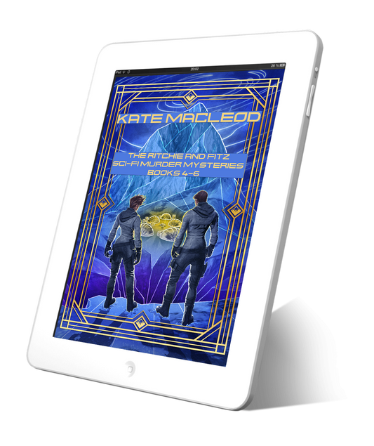 Image of a book cover on a digital reading device. Two teenagers on a snowy ledge look down on a cluster of sci-fi tents.