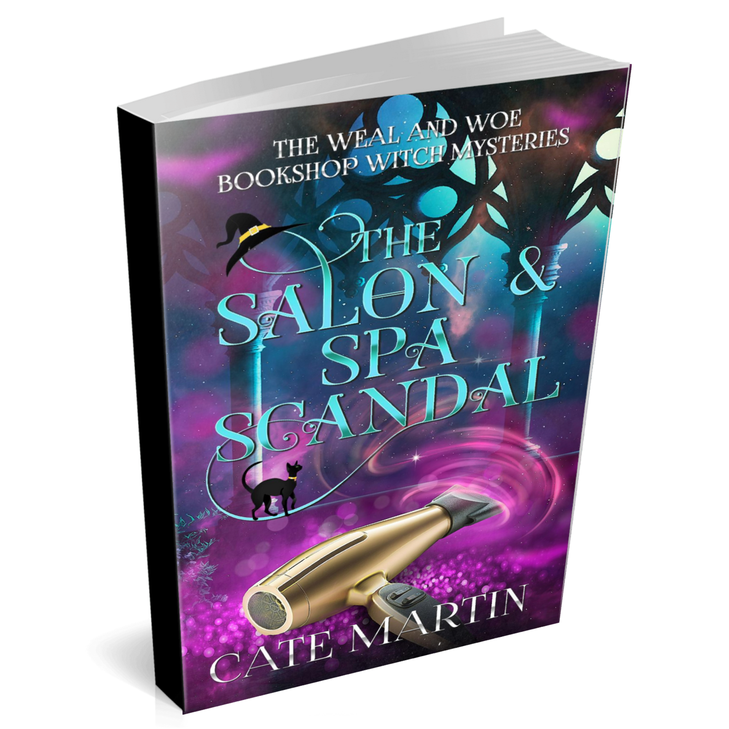 Book cover for the witch mystery novel The Salon & Spa Scandal a Weal and Woe bookshop witch mystery.