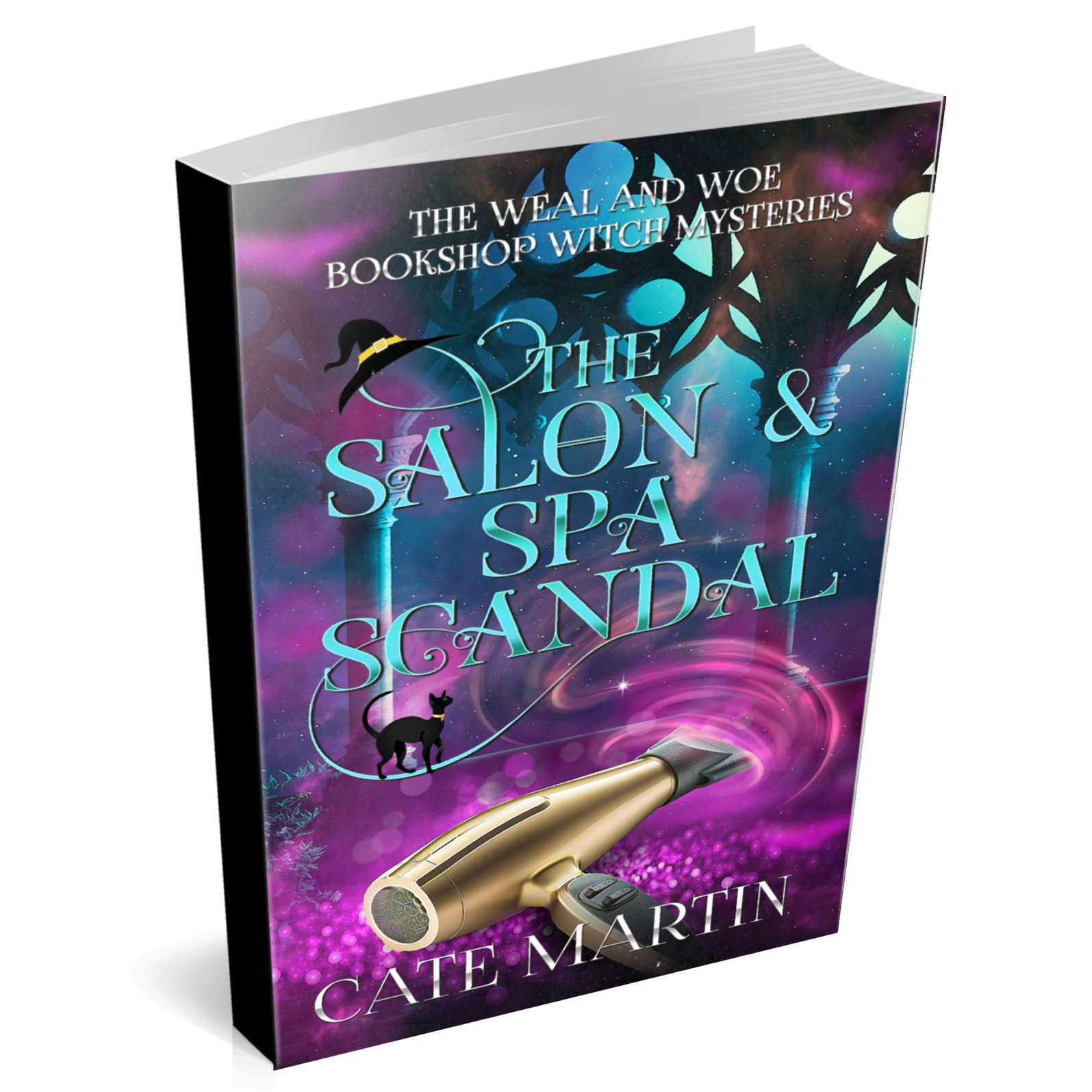 Book cover for the witch mystery novel The Salon & Spa Scandal a Weal and Woe bookshop witch mystery.