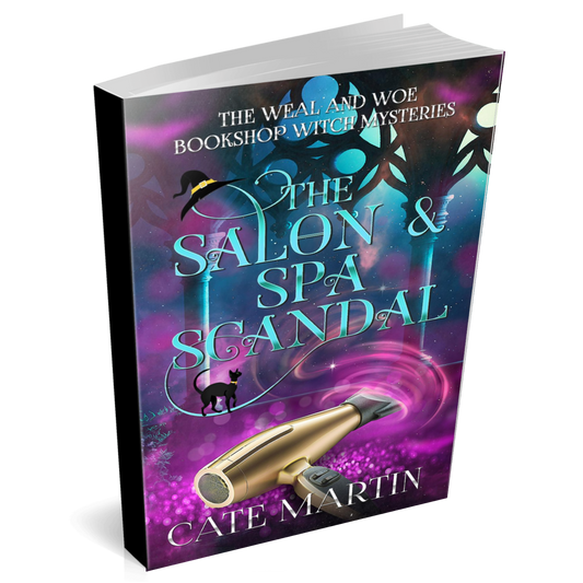 Book cover for the witch mystery novel The Salon & Spa Scandal a Weal and Woe bookshop witch mystery.