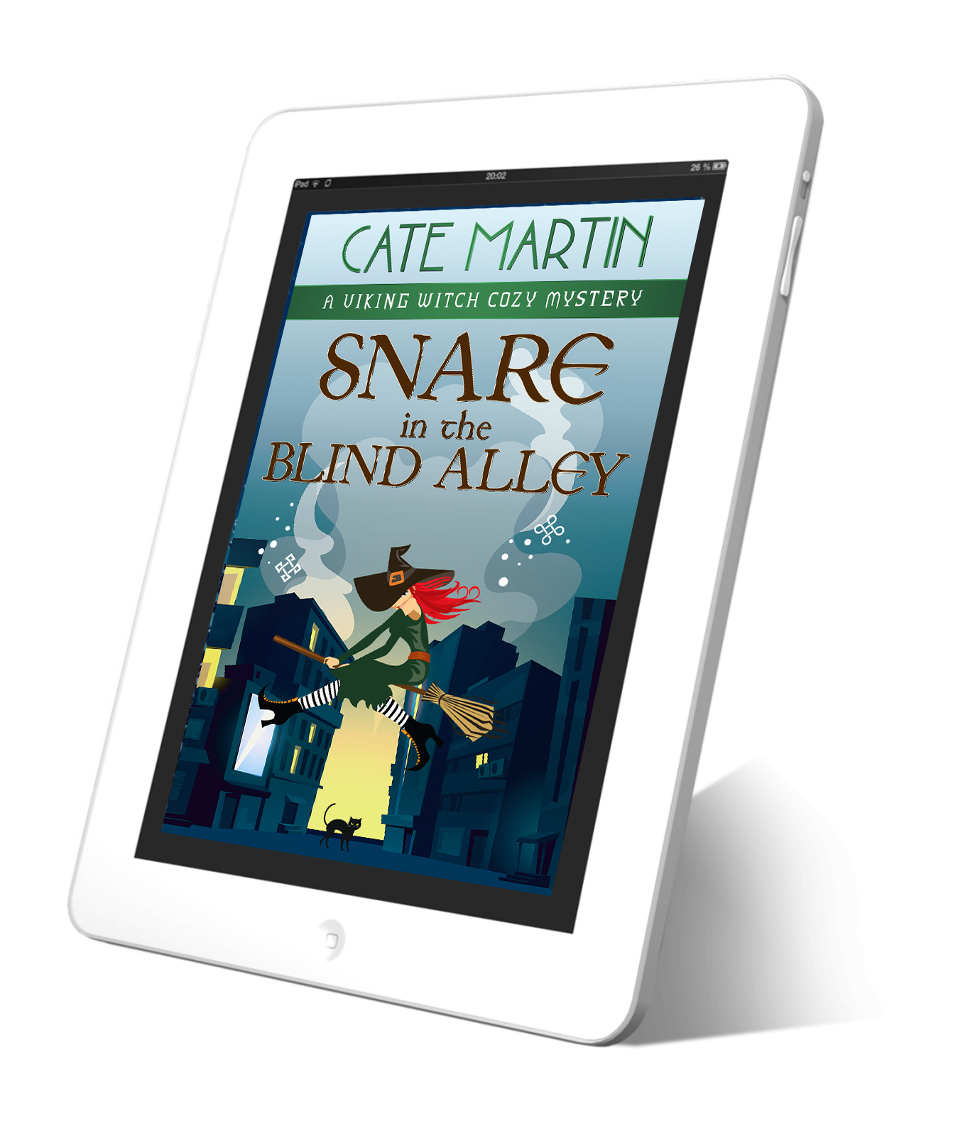 Book cover for the fifteenth book in the viking witch cozy mystery series, titled Snare in the Blind Alley. The image is of a red-haired witch and her black cat in an alley between ominously dark buildings.