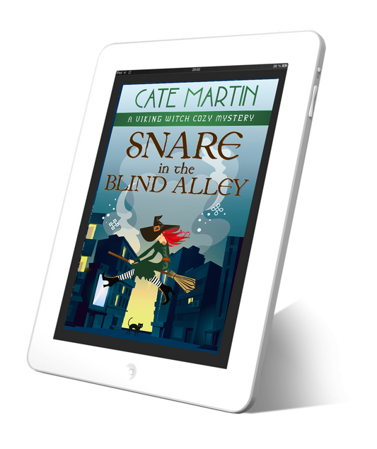 Book cover for the fifteenth book in the viking witch cozy mystery series, titled Snare in the Blind Alley. The image is of a red-haired witch and her black cat in an alley between ominously dark buildings.