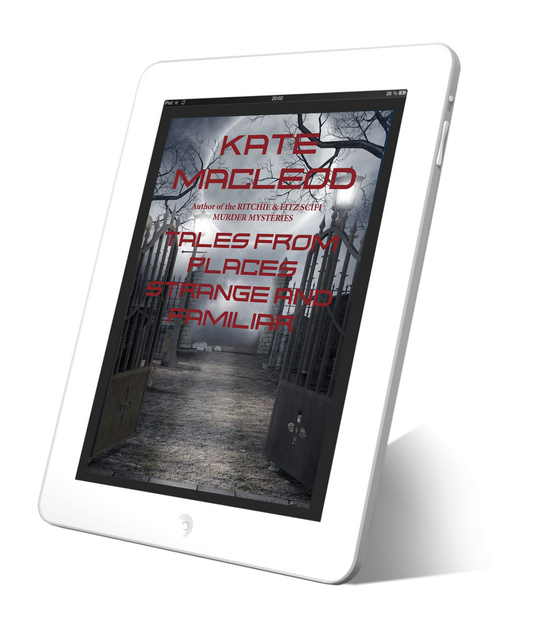 Image shows a book cover on a tablet. The title is Tales from Places Strange and Familiar and shows a dark, moody road extending past an open gothic gate.