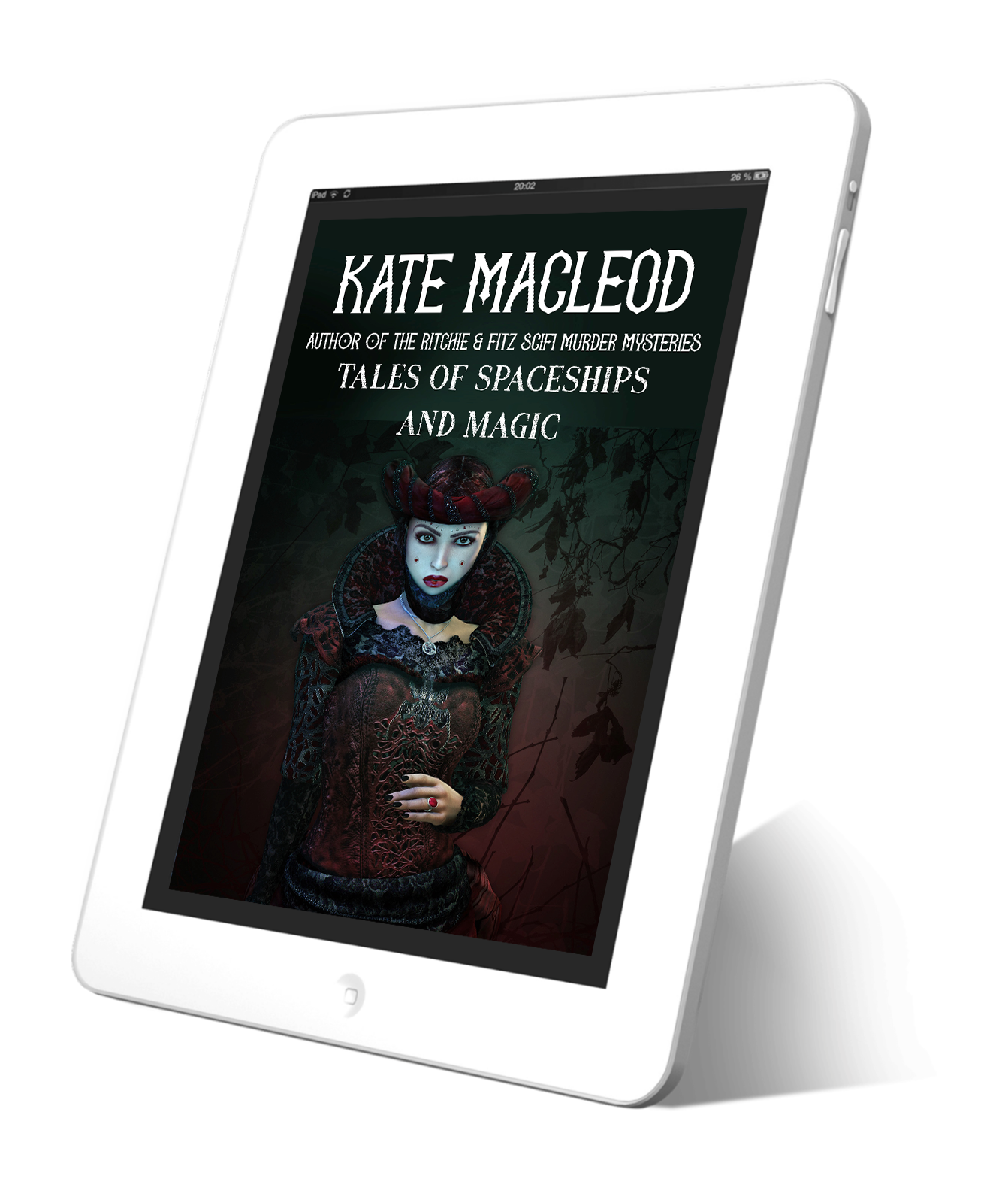 Image is of a book cover on an electronic tablet. The Book is titled Tales of Spaceships and Magic and the picture is of a mysterious-looking woman in dark red and black.