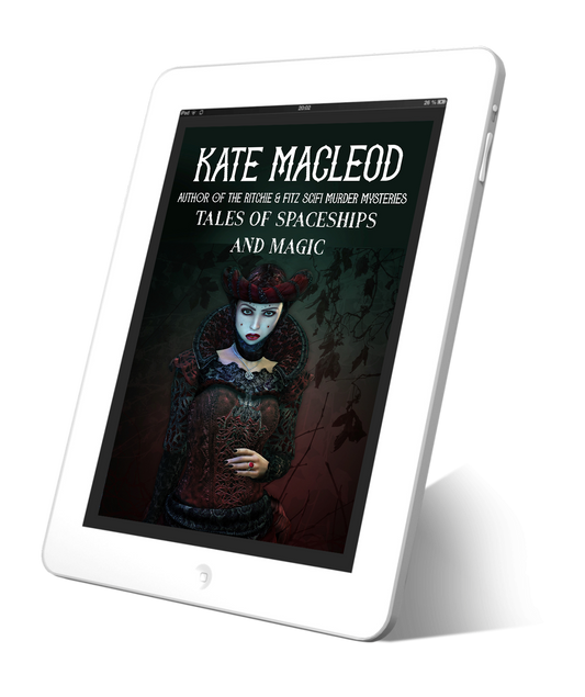 Image is of a book cover on an electronic tablet. The Book is titled Tales of Spaceships and Magic and the picture is of a mysterious-looking woman in dark red and black.