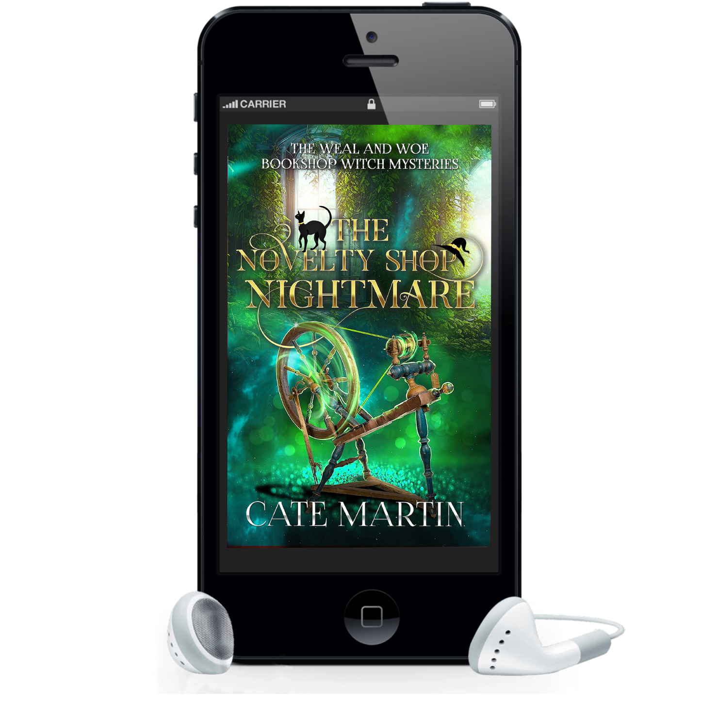 Image is of an adiobook cover displayed on a phone screen with framing earbuds. The cover is for the book The Novelty Shop Nightmare and shows. spinning wheel with magic lights around it set against a green and gold background.