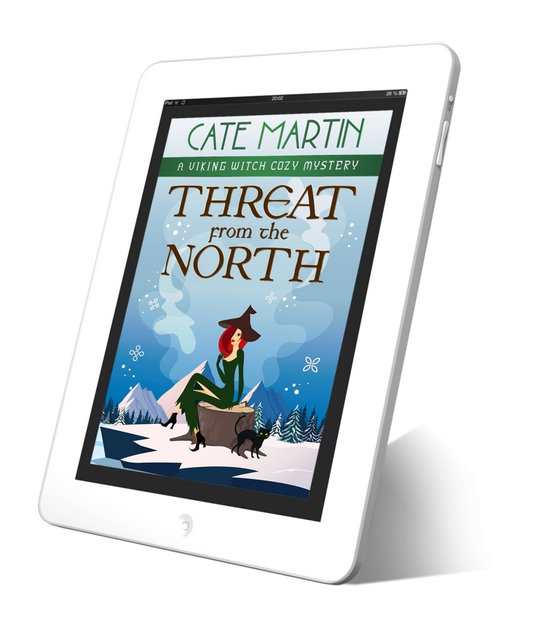 eBook cover for a book titled Threat From the North. A Witch in a tall black hat is sitting on the sawn stump of a tree. Her black cat is standing nearby. Behind her are snow-covered mountains and pine trees.