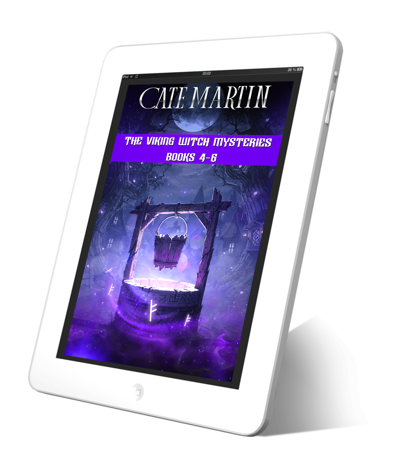 Image is of a book cover displayed on a white tablet. The book is titled The Viking Witch Mysteries Books 4-6.