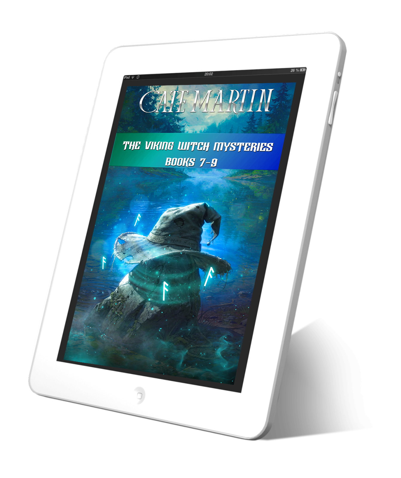Image is of a book cover displayed on a white tablet. The book is titled The Viking Witch Mysteries Books 7-9.