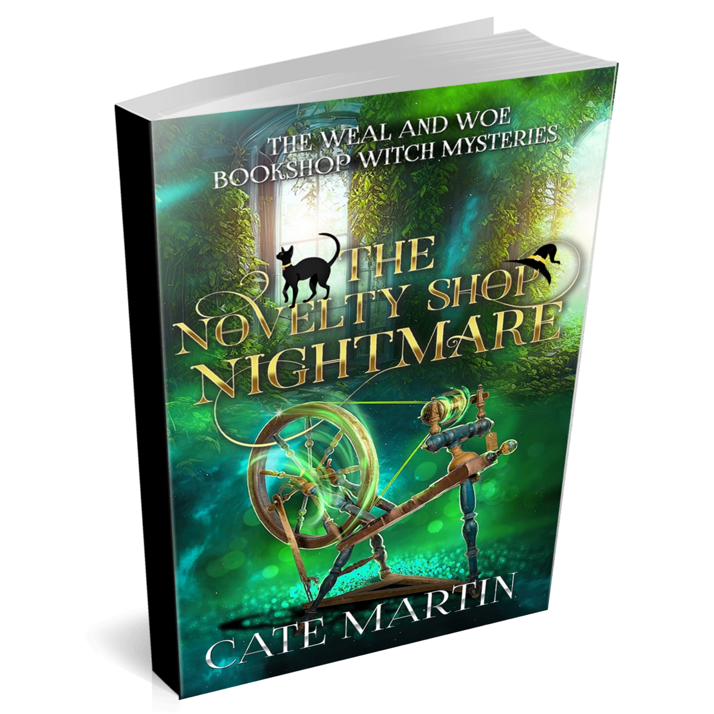 Cover for a paperback book titled THE NOVELTY SHOP NIGHTMARE. The image is of a spinning wheel with whirls of magic all around it.
