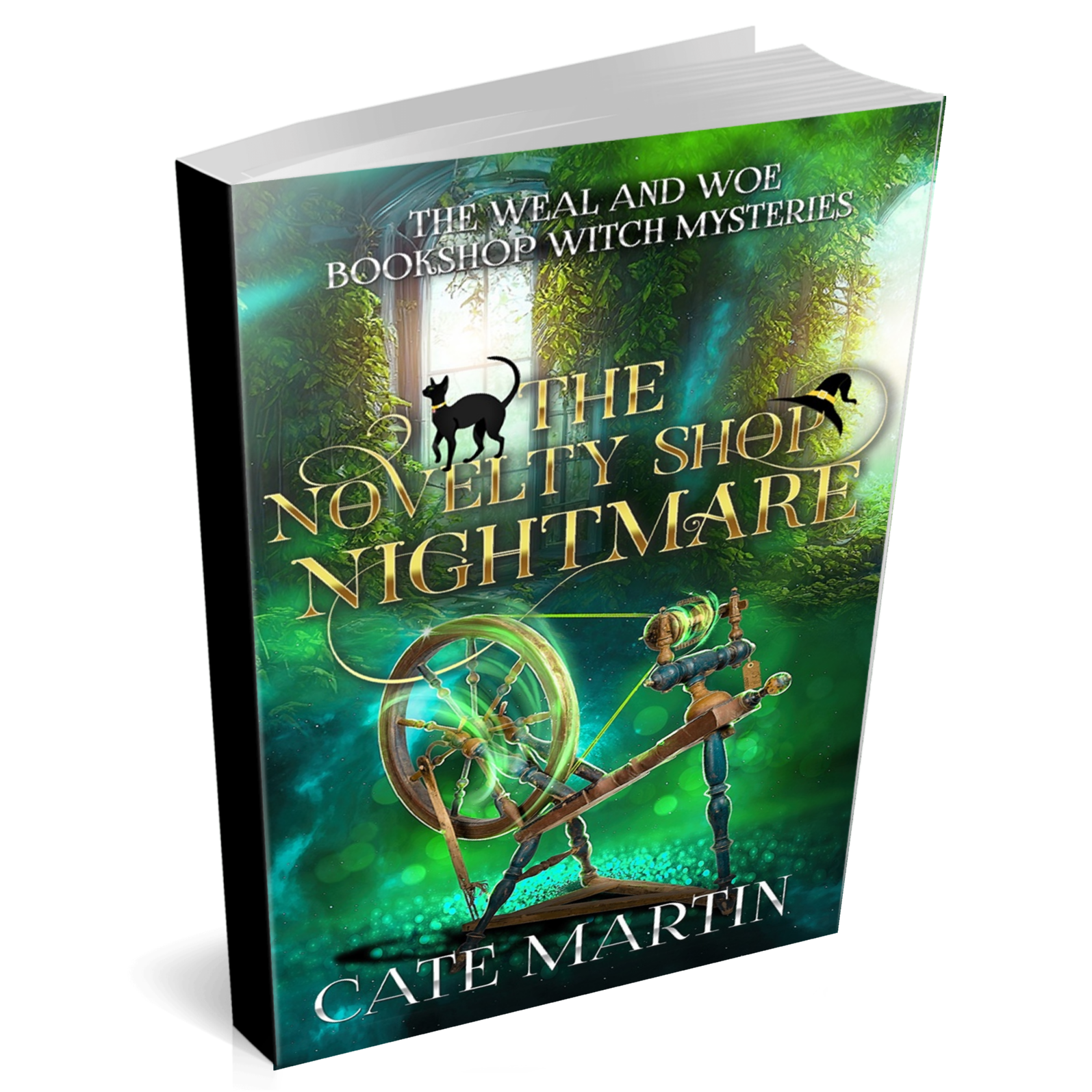 Cover for a paperback book titled THE NOVELTY SHOP NIGHTMARE. The image is of a spinning wheel with whirls of magic all around it.