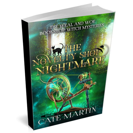 Cover for a paperback book titled THE NOVELTY SHOP NIGHTMARE. The image is of a spinning wheel with whirls of magic all around it.