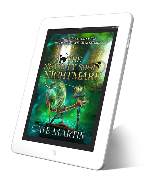 Book cover for the ebook The Novelty Shop Nightmare, Book 5 in the Weal & Woe Witch Mysteries.
