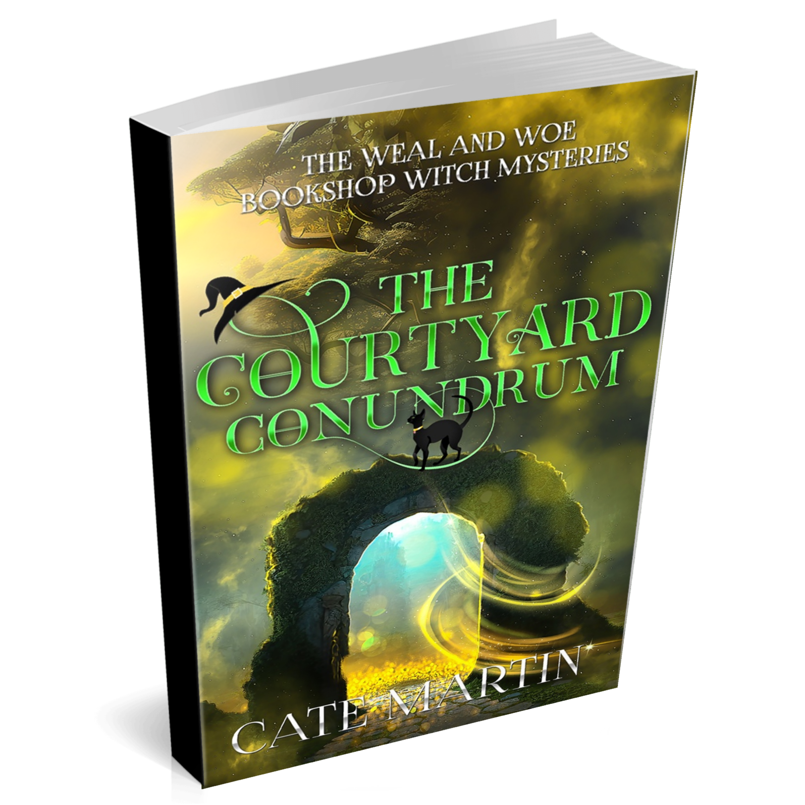 Cover of a paperback book entitled The Courtyard Conundrum. A cat is standing on top of a stone arch. Magical power is swirling through the opening of the archway into a different, sunnier world beyond.