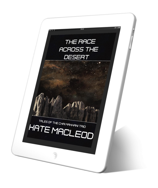 Book cover The Race Across the Desert: episode 10 of the Tales of the Chai Makhani Trio serialized science fiction short stories.