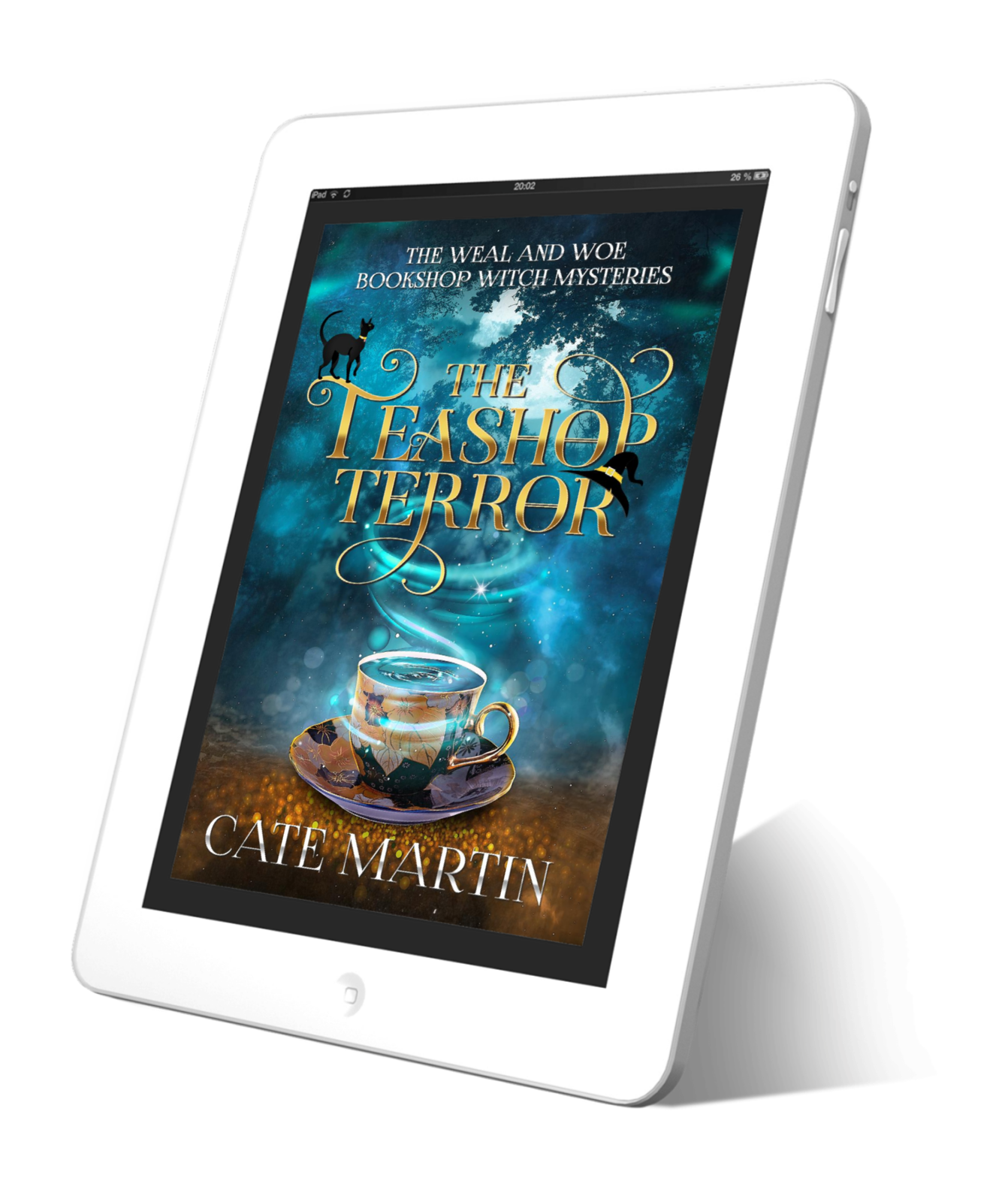 Book cover for The Teashop Terror, first book in the Weal and Woe Bookshop Witch Mysteries