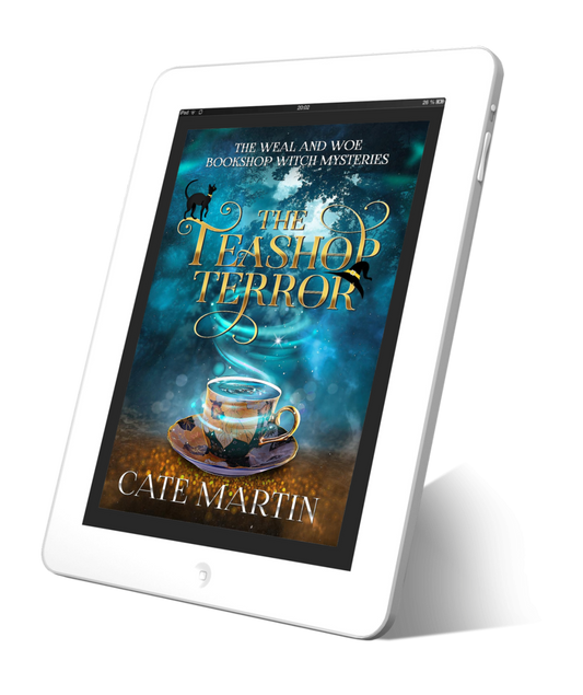 Book cover for The Teashop Terror, first book in the Weal and Woe Bookshop Witch Mysteries