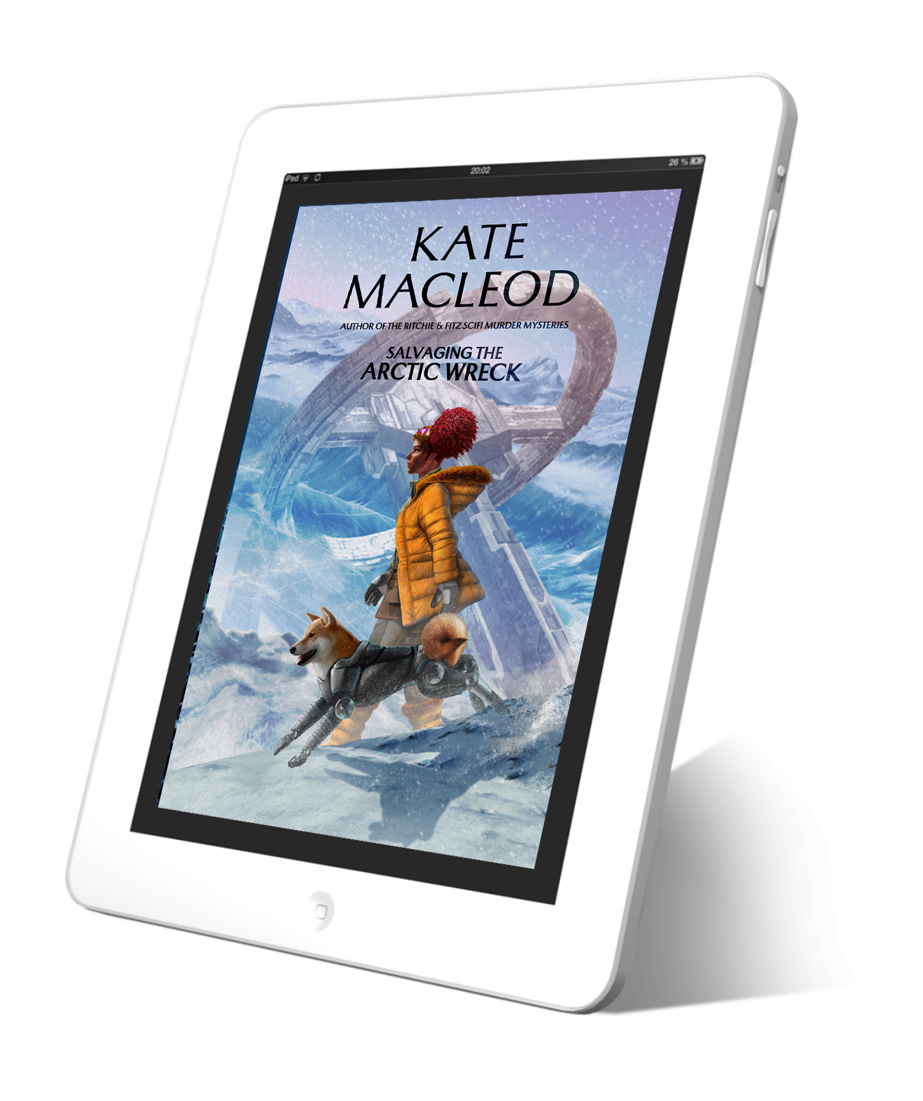 Cover of the YA scifi ebook Salvaging the Arctic Wreck. A young girl with her hair in red-tipped fun buns is trekking through the snow with her half-robot dog at her side. Behind her a spaceship is half-frozen inside its crash crater. 