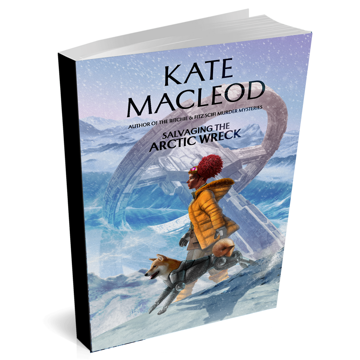 Book cover of 'Salvaging the Arctic Wreck' by Kate Macleod with a person in a yellow coat and dog in a snowy landscape.