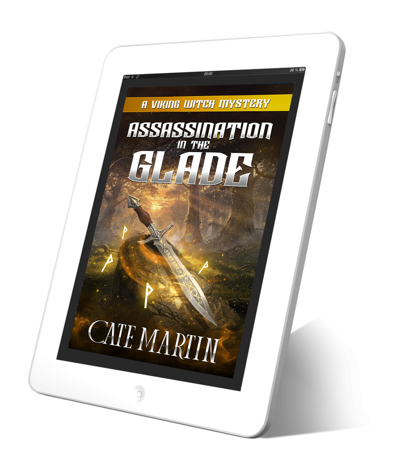 Tablet displaying the book cover of 'Assassination in the Glade' by Cate Martin on a white background