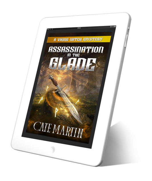 Tablet displaying the book cover of 'Assassination in the Glade' by Cate Martin on a white background