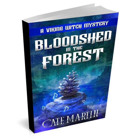 Book cover of 'Bloodshed in the Forest' by Cate Martin with a mystical forest design.