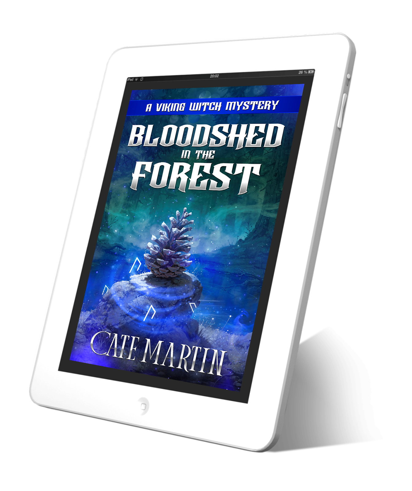 Tablet displaying the book cover 'Bloodshed in the Forest' by Cate Martin on a white background