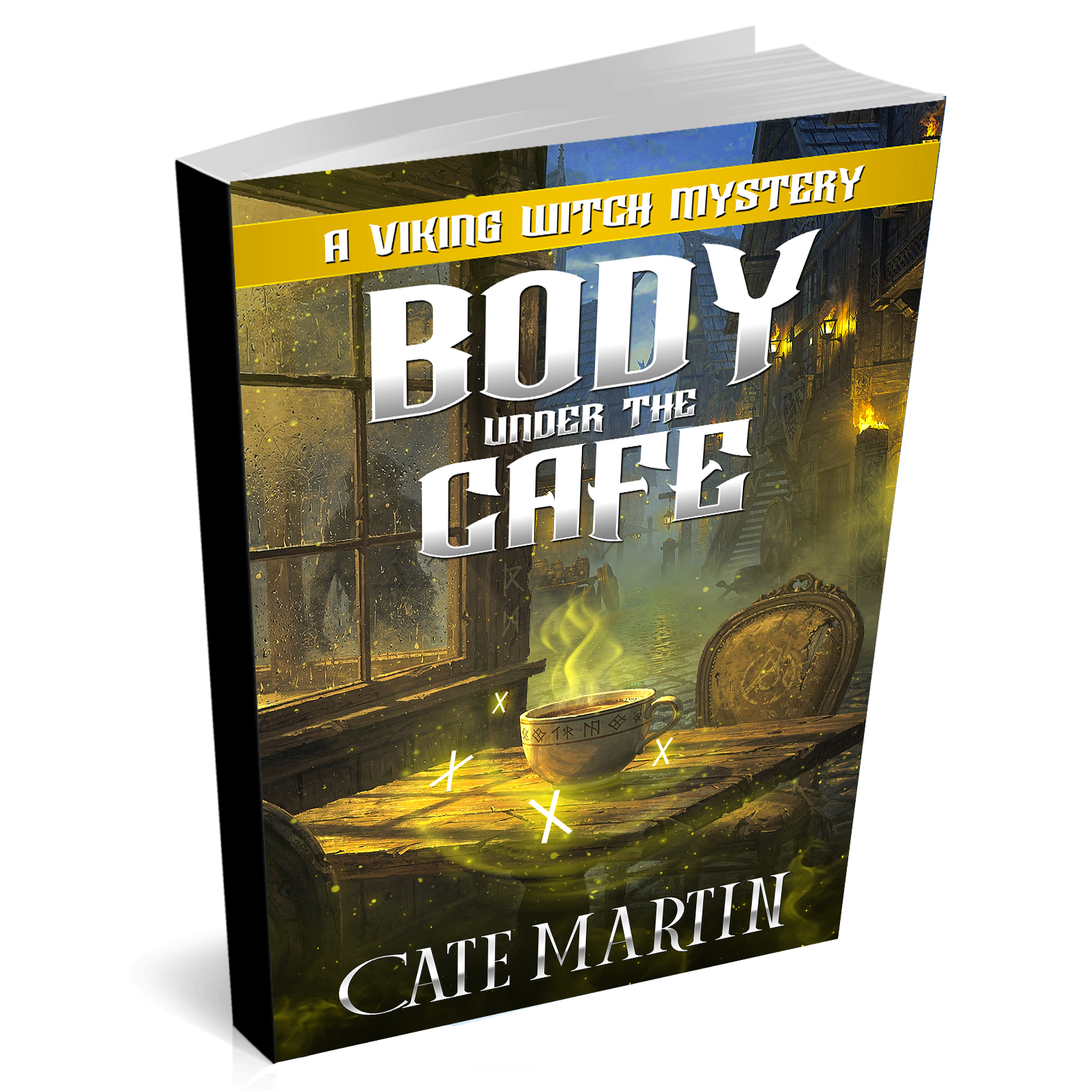 Book cover of 'Body Under the Cafe' by Cate Martin with a Viking theme.