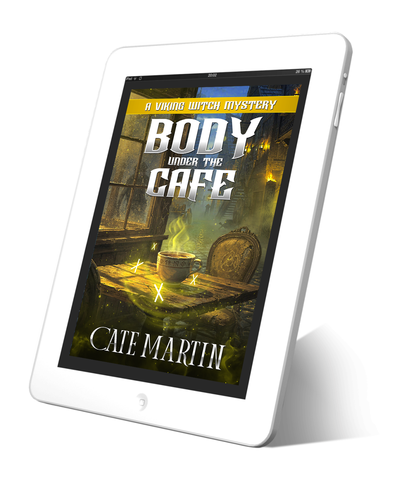 Tablet displaying the book cover of 'Body Under the Cafe' by Cate Martin on a white background
